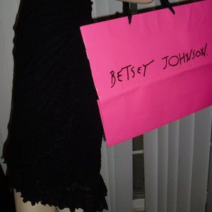 Betsey Johnson NY,black Swiss lace,sheer shoulders,draped for shape,low V-neck